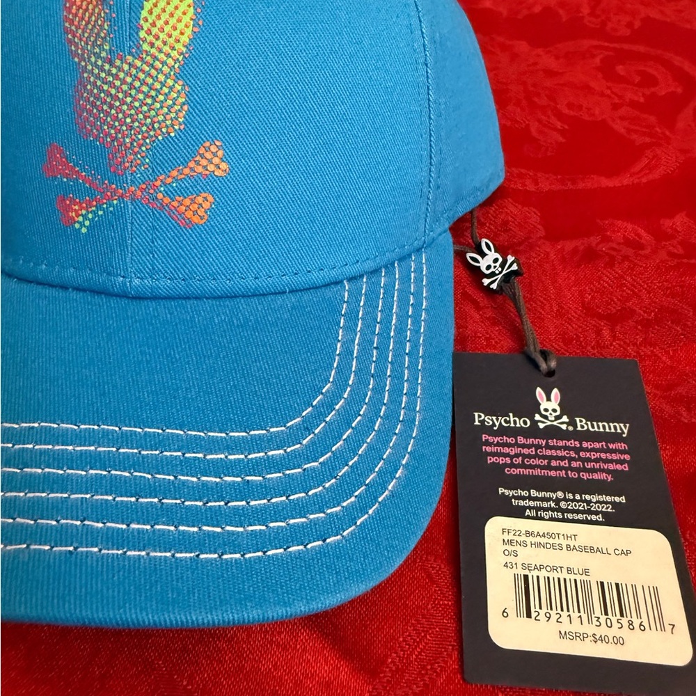 Psycho Bunny Teal Men's Cap with Rainbow Bunny Skull Embroidery - Picture 2 of 5